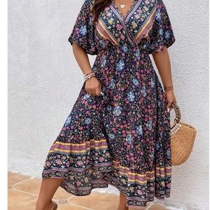 Plus Navy Blue Floral Print Flounce Short Sleeve Maxi Dress